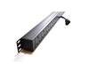 Partial length slanting view of a 1U 19" 10-Way Vertical Switched UK 13A Sockets to IEC14 Plug Rack PDU. 