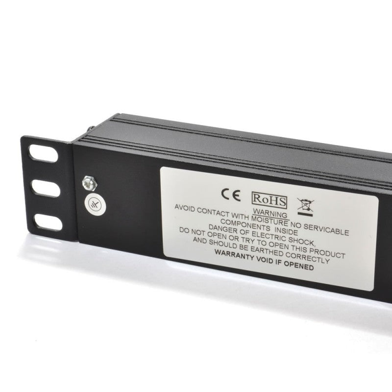 Partial right back part of a 1U 19" 10 Way Vertical Switched UK 13A Sockets to IEC14 Plug rack PDU showing its right mounting bracket and grounding stud.
