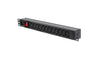 Full length slanting view of a 1U 19" 12-Way Horizontal Switched 10A IEC13 Sockets & C20 Inlet Rack PDU.