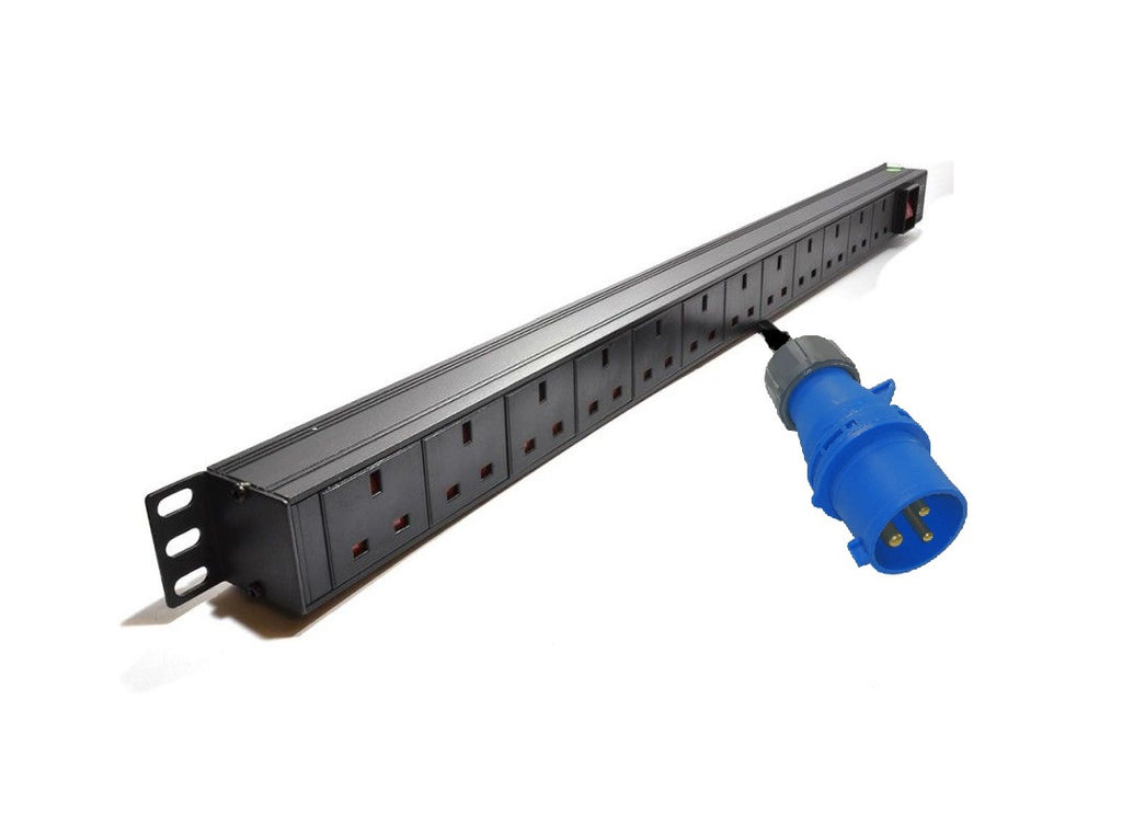 1U 12-Way 13A UK Sockets Rack PDU|Vertical Mount 32A Commando Plug
