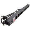 Full length slanting view of a 1U 19" 12 Way Vertical Switched 16A Schuko Sockets to Schuko Plug Rack PDU .