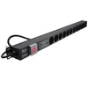 Full length slanting view of a 1U 19" 12-Way Vertical Switched 16A Schuko Sockets to Schuko Plug Rack PDU with Surge Protection.