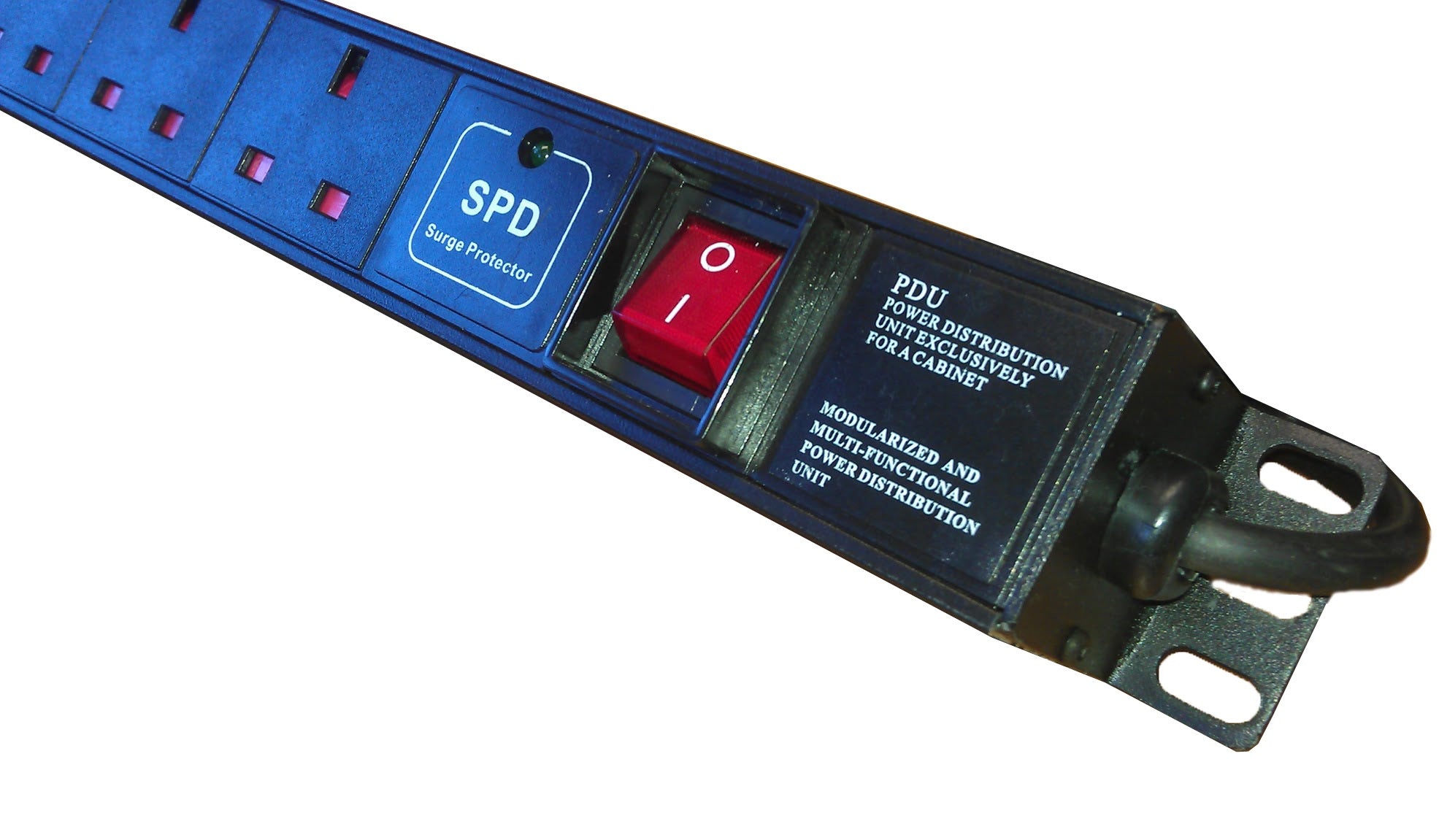 Right part in close-up view of a 1U 19" 12 Way Vertical Switched 13A UK Sockets to UK Plug Rack PDU with Surge Protection, showing its red power switch, surge protector LED indicator, and right mounting bracket.