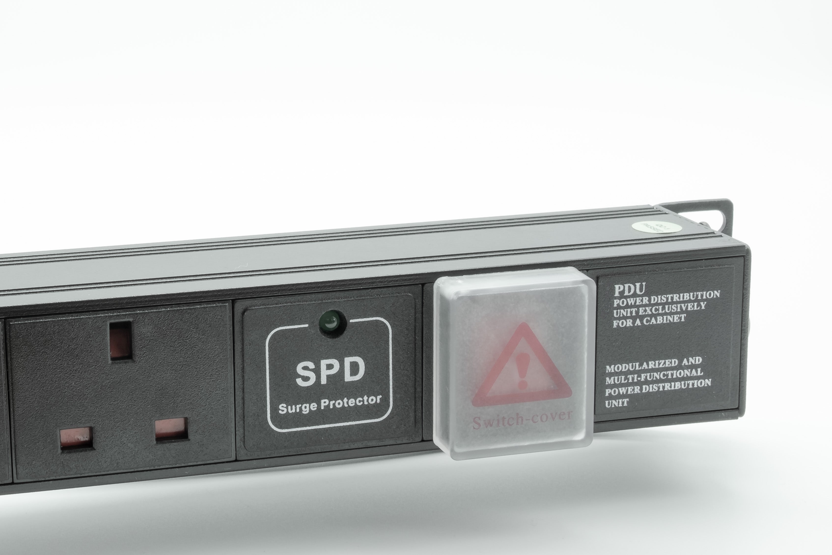 Red power switch with protective cover and  surge LED indicator in close-up view of a 1U 19" 12 Way Vertical Switched 13A UK Sockets to UK Plug Rack PDU with Surge Protection.