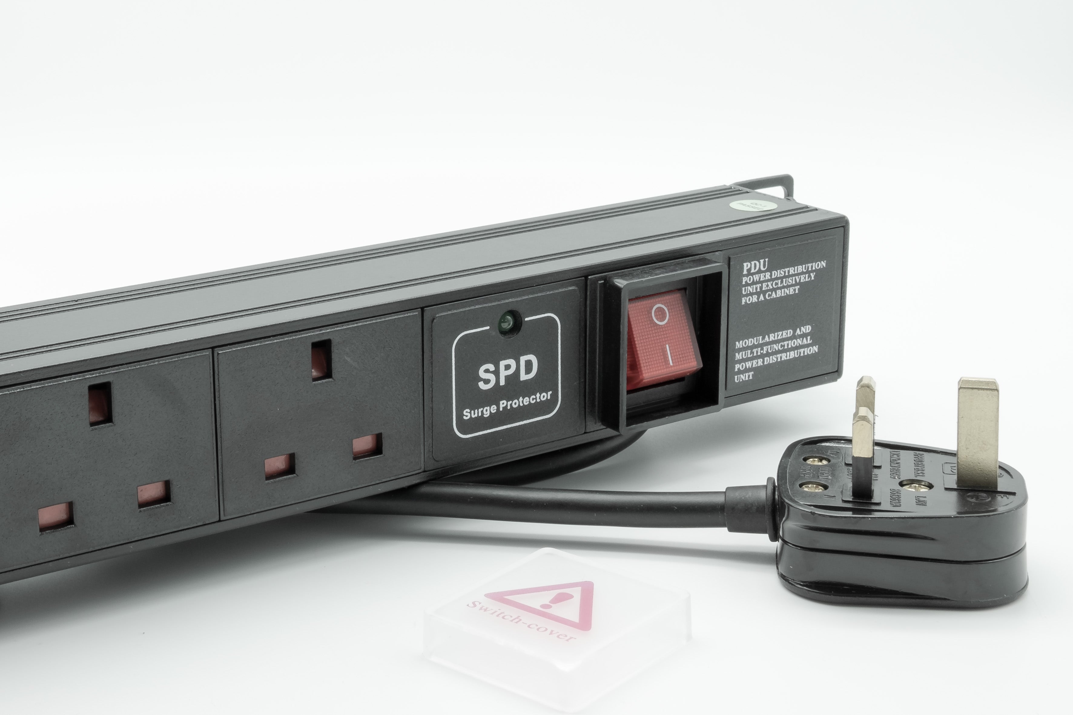 Red power switch,  surge LED indicator, 2 UK sockets, and UK plug in a close-up view of a1U 19" 12 Way Vertical Switched 13A UK Sockets to UK Plug Rack PDU with Surge Protection (Rackmount) - Netbit UK