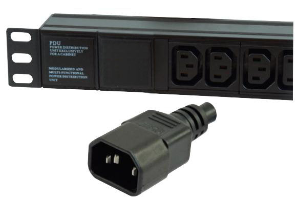 Partial left front view of a 1U 19" 16 Way Horizontal Unswitched 10A IEC13 Sockets to IEC14 Plug rack PDU showing its left mounting bracket, few IEC13 sockets, and its IEC14 plug, in close-up.