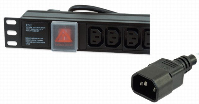 Partial left part front view of a 1U 16-Way Horizontal 10A IEC13 to IEC 14 Plug  Rack PDU showing its left mounting bracket, covered red power switch, and its IEC14 plug.