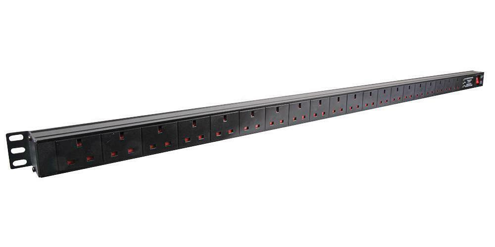 1U 19" 20 Way Vertical Switched 13A UK Sockets to UK Plug PDU with Surge Protection (Rackmount)