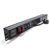 A 1U 6-Way IEC13 Sockets horizontal-mount Rack PDU shown with close view of left mounting bracket and neon red power switch and 10A UK input plug.