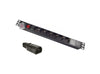 Full length slanting front  view of a 1U 19" 6 Way Horizontal Switched 16A Schuko Sockets to IEC14 Plug Rack PDU with the IEC plug in close-up.