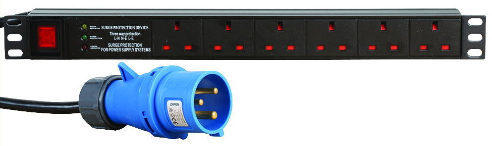 1U 6-Way 13A UK Sockets Rack PDU|Horizontal Mount 16A Commando Plug Su