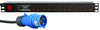 Full length front view of a 1U 19" 6 Way Switched Horizontal UK 13A Sockets to 16A Commando Plug Rack PDU / Power Bar with Surge Protection.