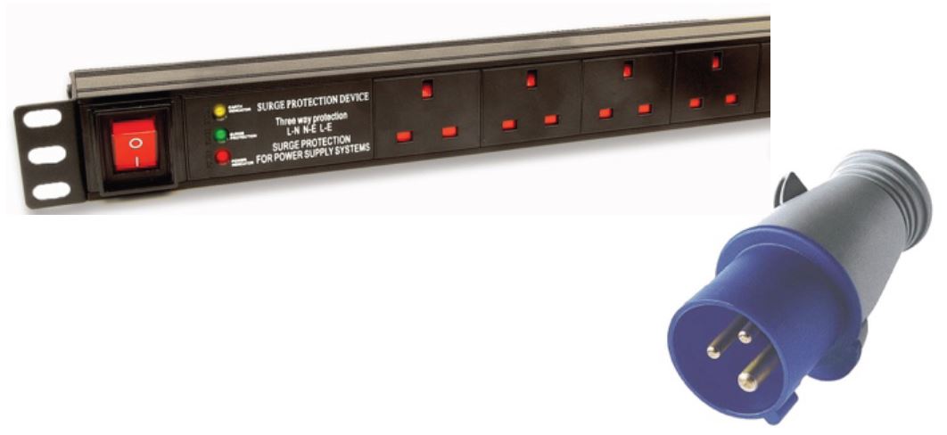 1U 19" 6 Way Switched Horizontal UK 13A Sockets to 16A Commando Plug with 3m Flex PDU / Power Bar with Surge Protection (Rackmount)