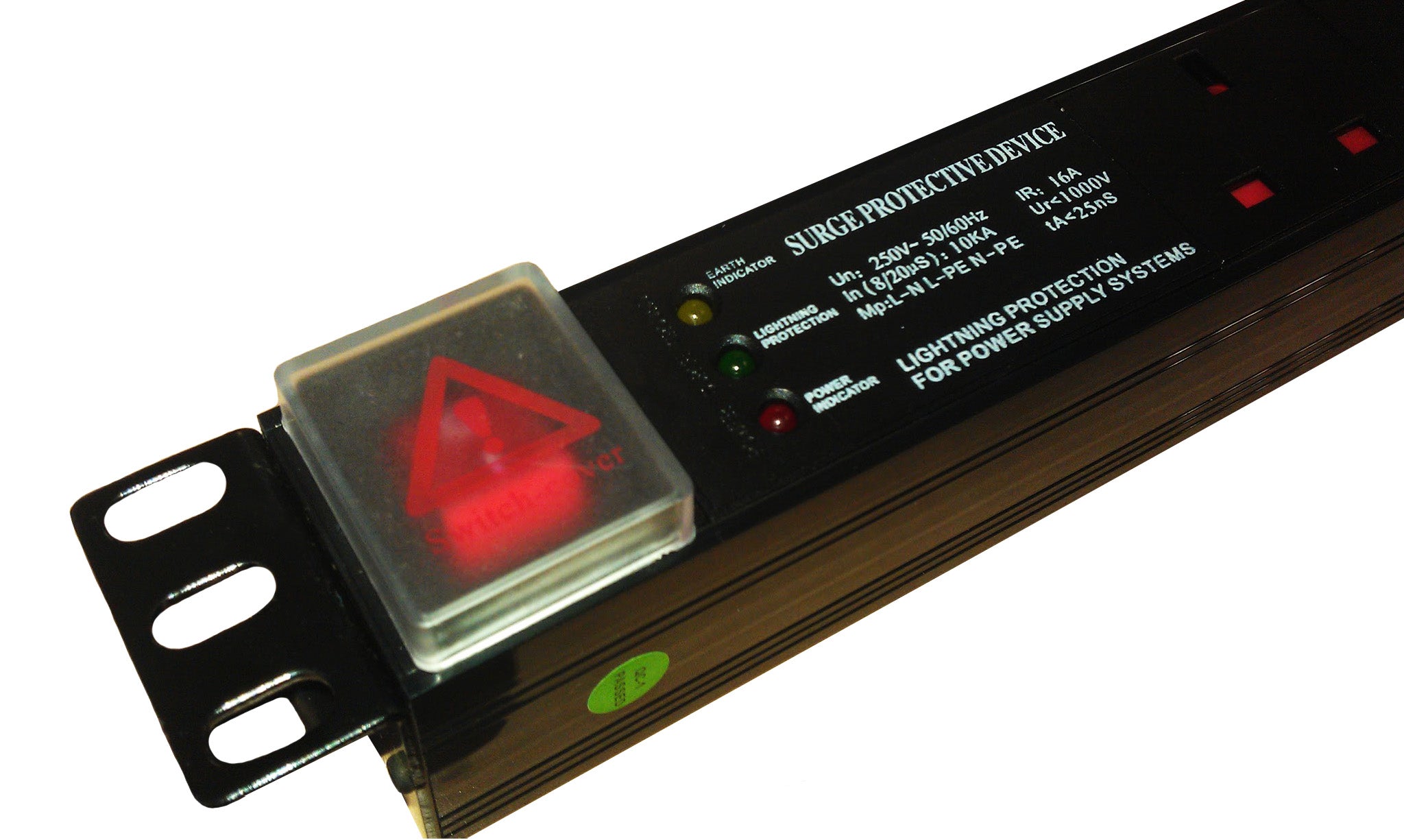 Close-up view of the main power switch, LED indicators, and left mounting bracket of a  6-way horizontal-mounted rack PDU with surge protection.