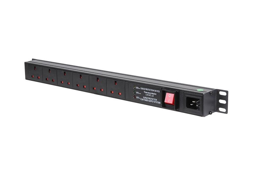 A 1U 19" 6 Way UK sockets  Rack PDU Vertical-mounted  with C20 Inlet , and Surge Protected rack PDU. Shown also, are the right mounting bracket and neon red power switch.