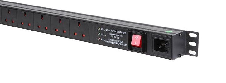 A closer view of a 1U 19" 6 Way UK sockets  Rack PDU Vertical-mounted  with C20 Inlet , and Surge Protected rack PDU. Shown also, are the right mounting bracket and neon red power switch.