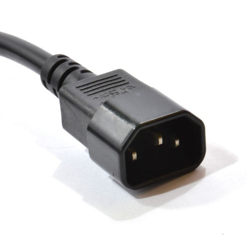 Close-up view of the IEC14 power plug of a 1U 19" 8 Way Horizontal Unswitched UK 13A Sockets to IEC14 Plug Rack PDU.