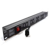 A 1U 8-Way IEC13 Sockets horizontal-mount Rack PDU shown with close view of left mounting bracket and neon red power switch and 10A IEC14 input plug.