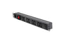 Full length slanting front view of a 1U 19" 8-Way Horizontal Switched 10A IEC13 Sockets & C20 Inlet Rack PDU.