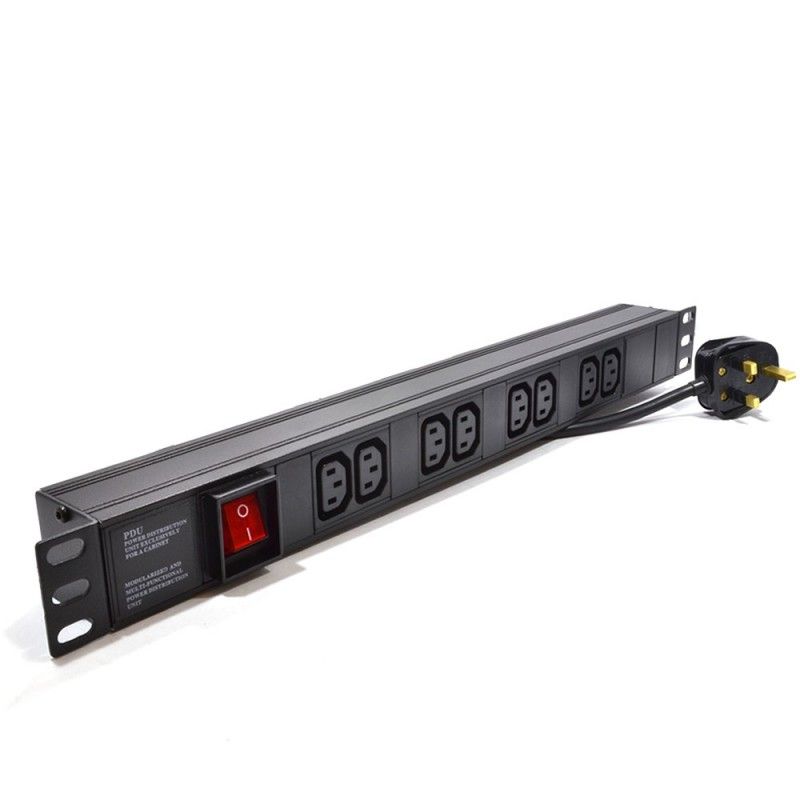 A 1U 8-Way IEC13 Sockets horizontal-mount Rack PDU shown with close view of left mounting bracket and neon red power switch and 10A UK input plug.