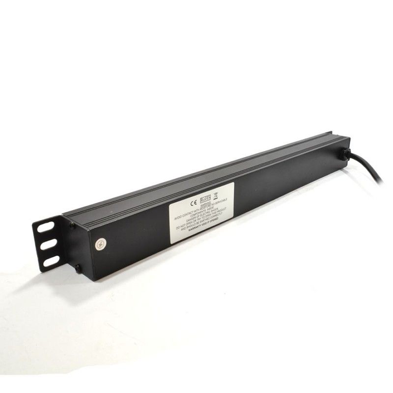 Back part of a 1U 19" 8-Way IEC13 sockets Horizontal-Switched 10A UK input Plug Rack PDU showing its right mounting bracket and input plug port.
