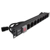 Full length slanting view of a 1U 19" 8 -Way Horizontal Switched 16A Schuko Sockets to IEC14 input Plug rack PDU.
