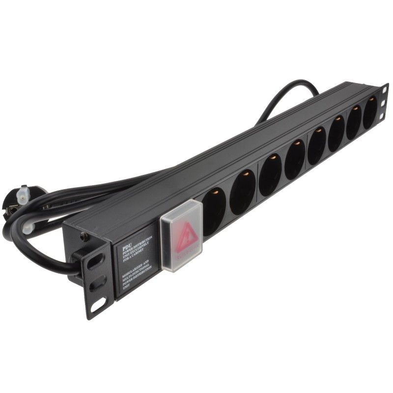 Full length slanting view of a 1U 19" 8 Way Horizontal Switched 16A Schuko Sockets to Schuko Plug rack PDU. 