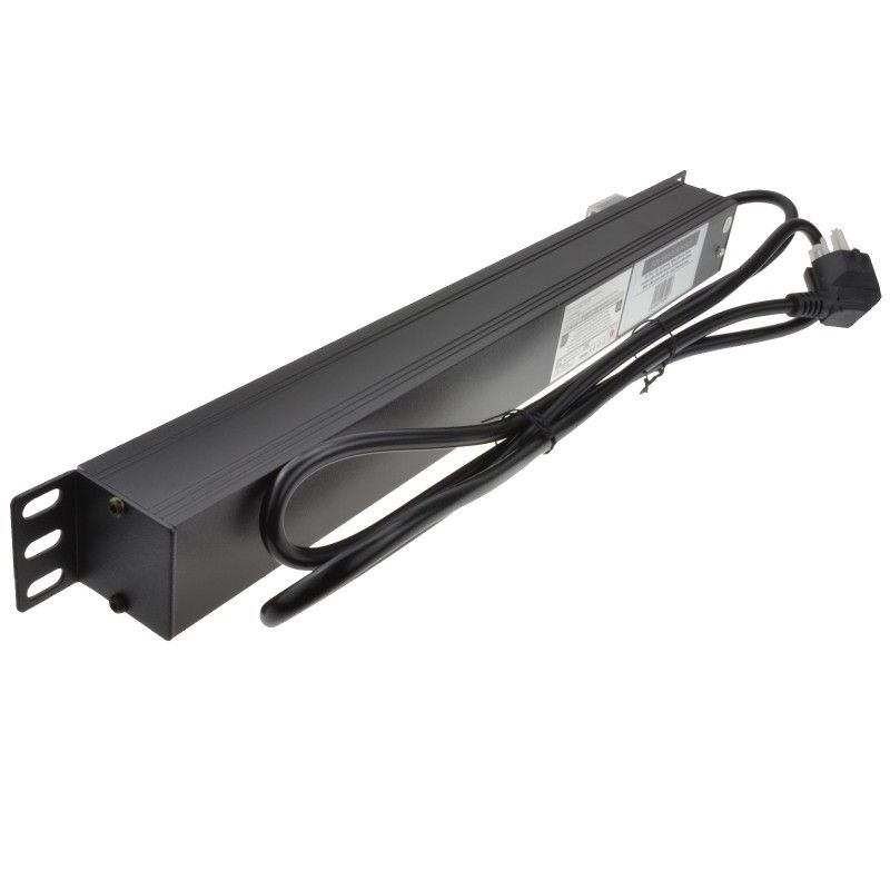 Full length slanting back view of a 1U 19" 8 Way Horizontal Switched 16A Schuko Sockets to Schuko  input Plug rack PDU.