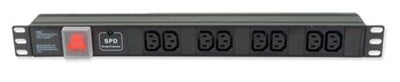 Full -length front view of a 1U 19" 8 Way Horizontal Switched 10A IEC13 Sockets to IEC14 Plug Rack PDU with Surge Protection.