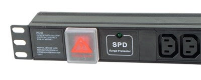 Close-up view of 1U 19" 8 Way Horizontal Switched 10A IEC13 Sockets to IEC14 Plug Rack PDU with Surge Protection showing its left mounting bracket and covered main switch. 