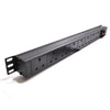 Full length slanting view of a 1U 19" 8-Way Switched Vertical 13A UK Sockets to UK Plug rack PDU.