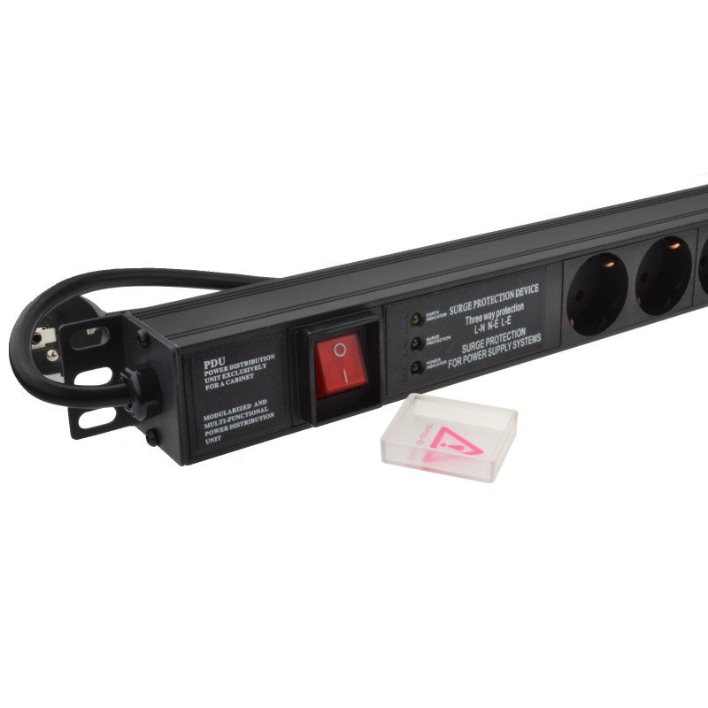 Partial front left close-up view of a 1U 19" 8 Way Vertical Switched 16A Schuko Sockets to Schuko Plug Rack PDU with Surge Protection showing the red main power switch with a protective cover on the side, left mounting bracket, and input power cord port.