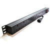 Full length slanting front view of a 1U 19" 8 Way Vertical Switched UK 13A Sockets to IEC14 input Plug Rack PDU .