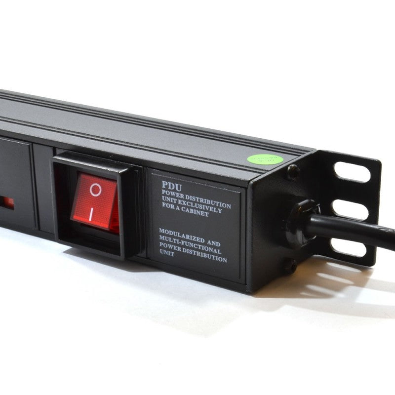 a 1U 19" 8 Way Vertical Switched UK 13A Sockets to IEC14 Plug rack PDU  showing its neon red main power switch, input plug port, and right mounting bracket in close-up view.