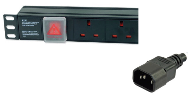 Partial view of a 1U 19" 8 Way Vertical Switched UK 13A Sockets to IEC14 Plug rack PDU showing its left mounting bracket, main power switch, and  IEC14 input plug in close-up view.