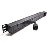 Full length view of a 1U 19" 8 Way Vertical Switched UK 13A Sockets to IEC20 Plug rack PDU .