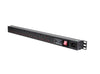 Full length slanting view of a 1U 19" 8 Way Vertical Switched UK 13A Sockets & C20 Inlet Rack PDU with Surge Protection.