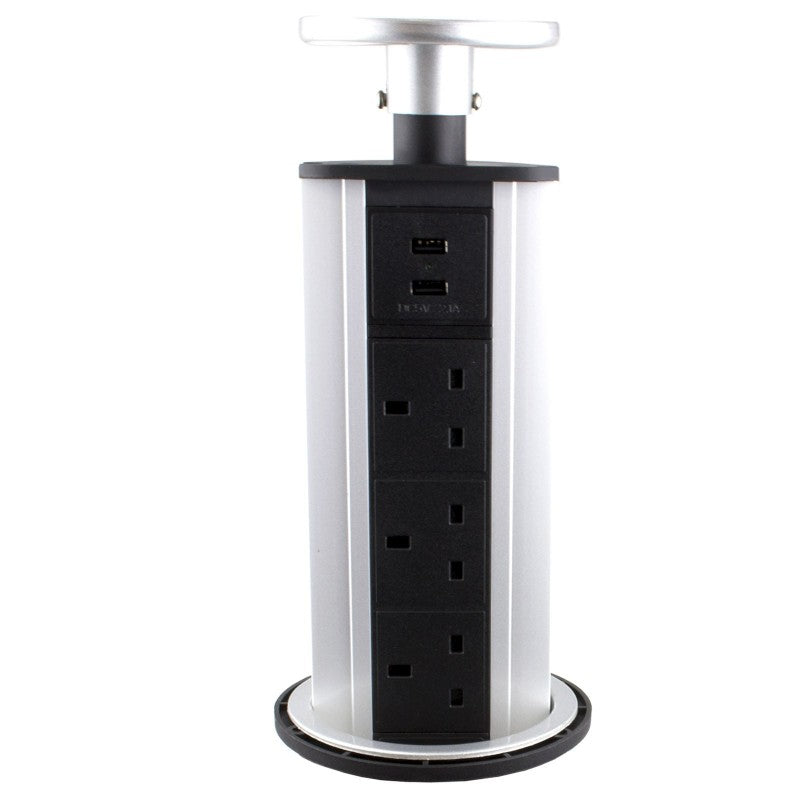 3-Way 13A UK Sockets Table Pop-Up PDU|Desktop PDU+2 USB Extra Wide