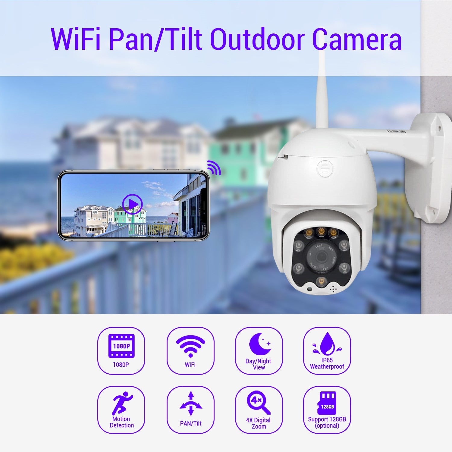 Wireless Outdoor Wifi IP Home Security CCTV Camera 1080P Pan/Tilt/Wide Angle with Night Vision, Waterproof, Smart Motion Sensor