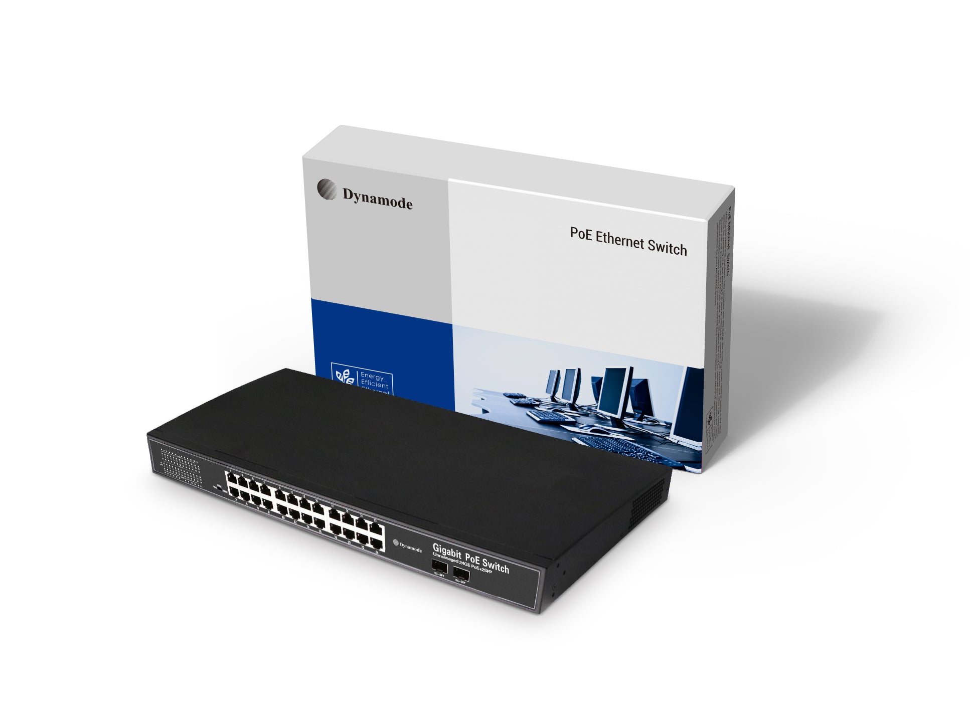 24-Port 10/100/1000 Mbps Gigabit 1U Rackmount PoE Ethernet Switch with 2 SFP Uplinks with its box packaging standing behind. 
