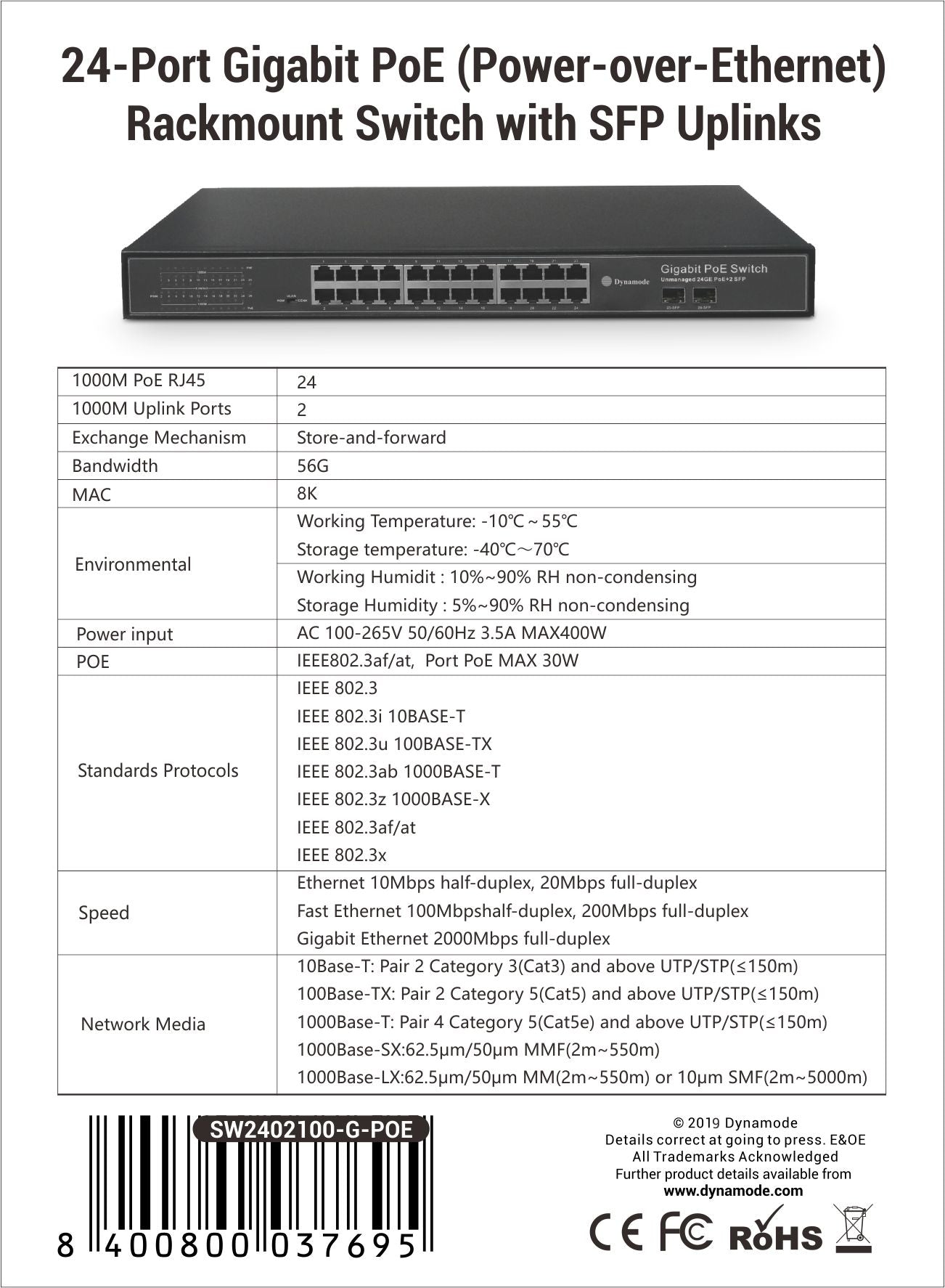 24 Port 10/100/1000 Gigabit 1U Rackmount PoE Switch +2 SFP Uplink (SW2402100-G-POE)