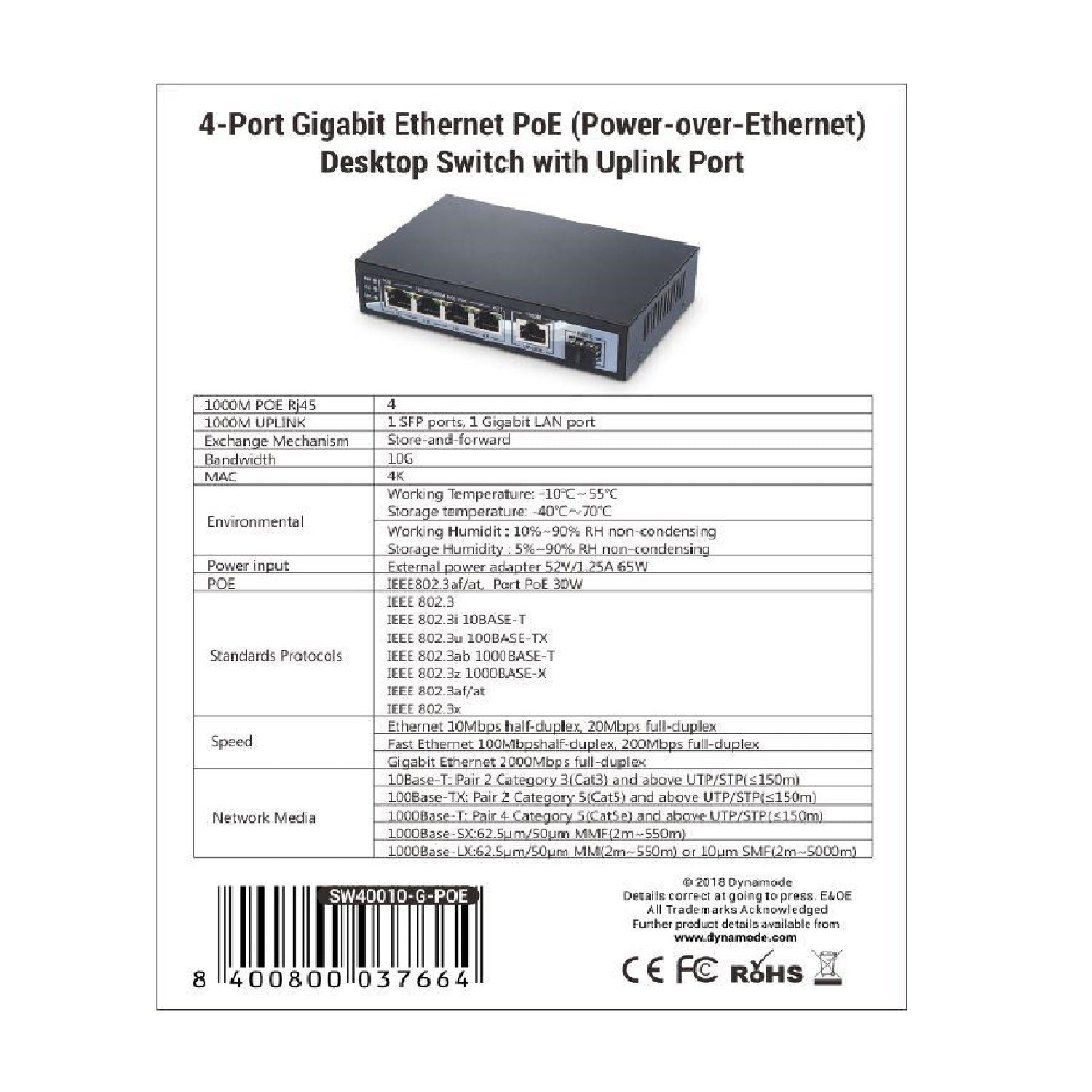 Technical sheet of a 4-port Gigabit Ethernet PoE Ethernet Switch with 1 uplink and SFP port.