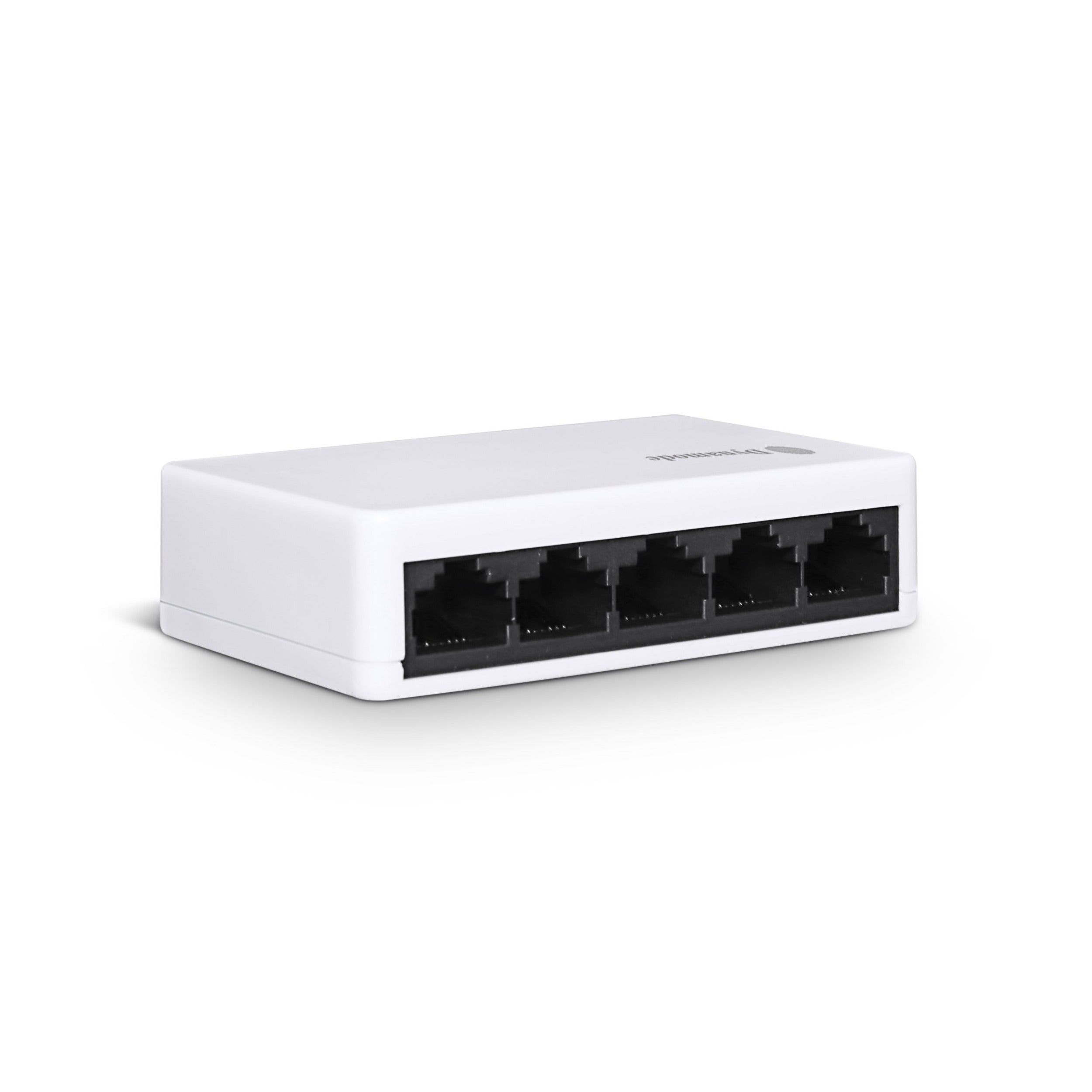 5-Port 10/100 Mbps Fast  Network Ethernet Switch (Desktop or wall-mounted). The view is facing its 5 ethernet ports.
