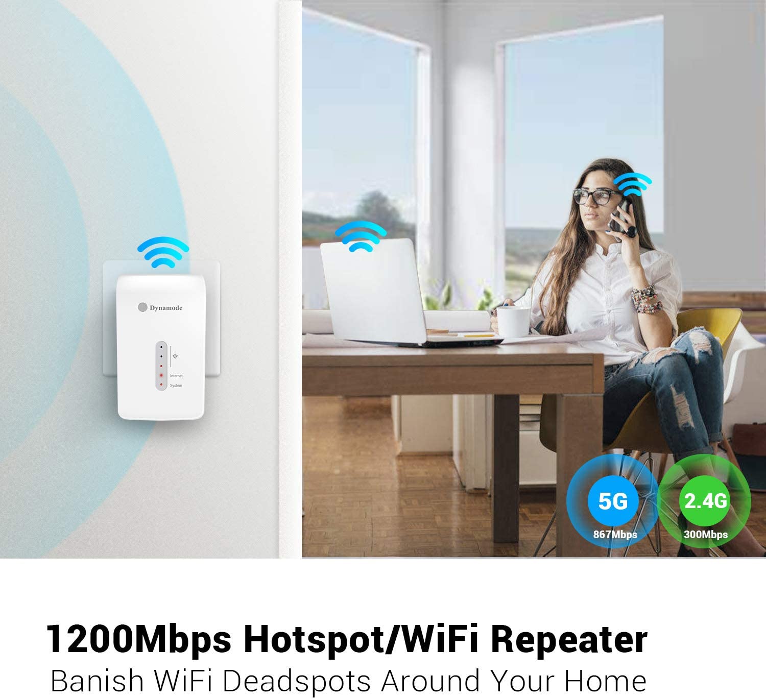 Dynamode - 2.4/5GHz AC WiFi Extender | Access Point | Signal Booster for Home & Office (1200MBPs)